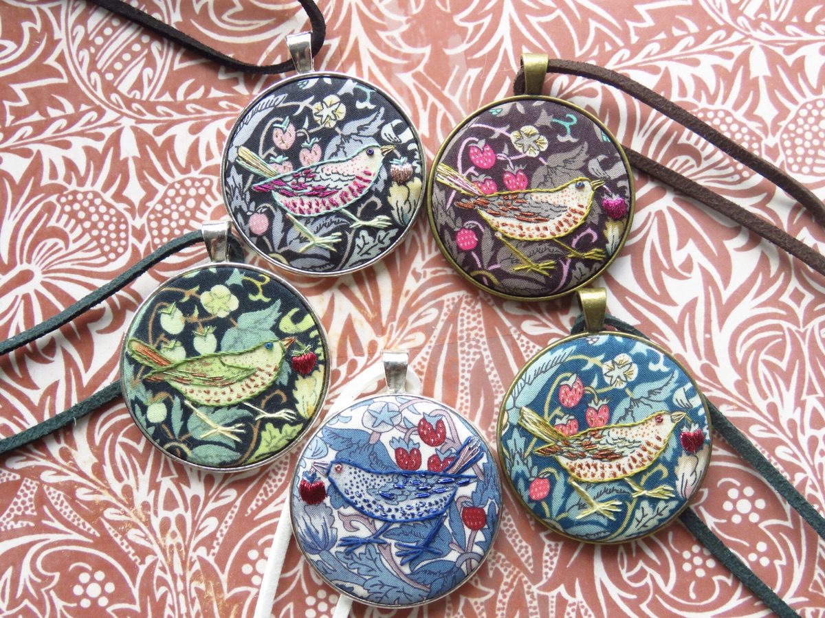 RSN Exclusive: Hand Embroidered Strawberry Thief Necklace by Marg Dier