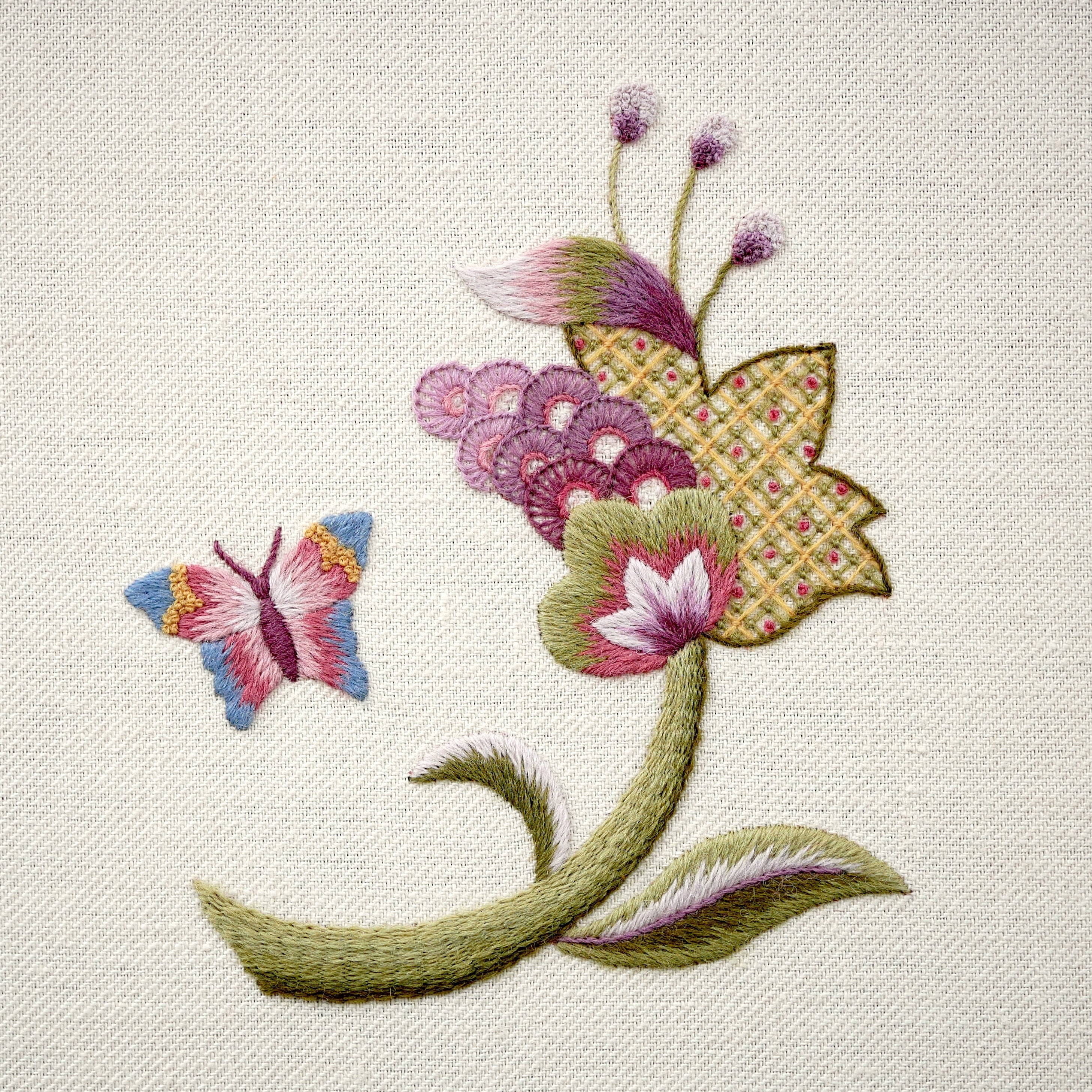 Crewelwork floral and butterfly embroidery designed and stitched by Kate Barlow using Appletons crewel wools on linen twill