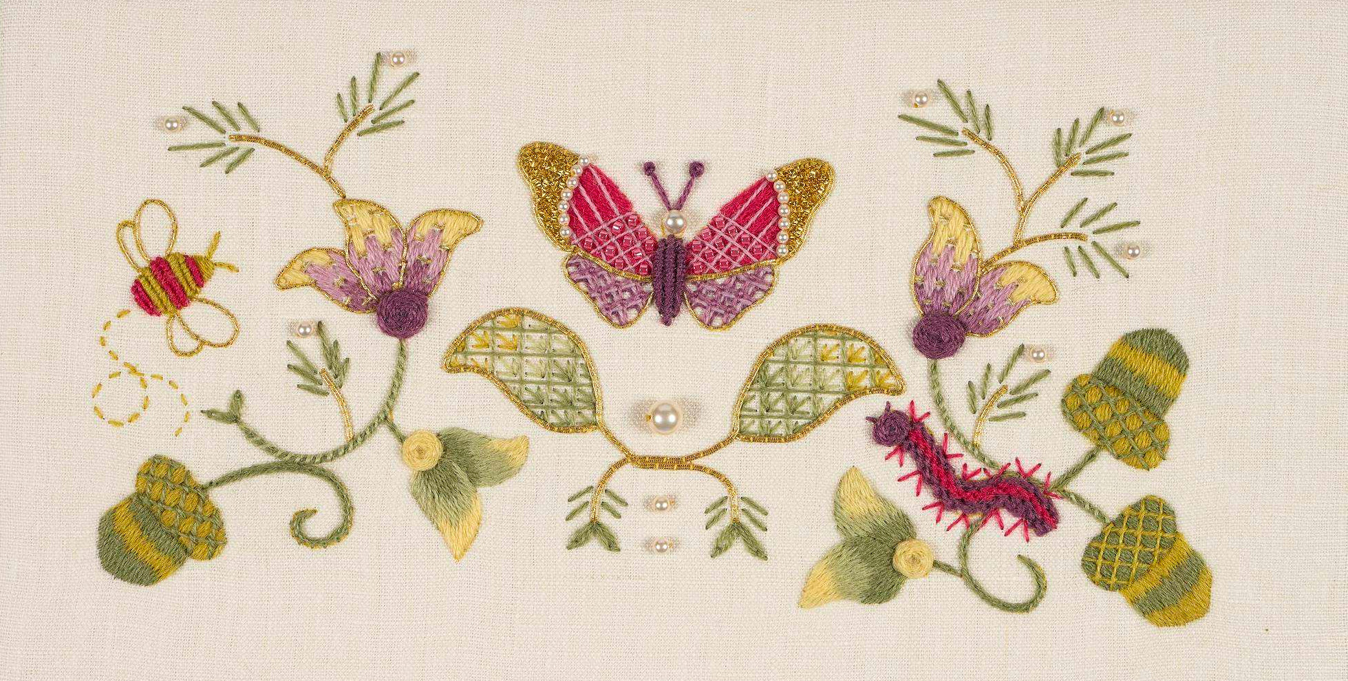 Contemporary Jacobean Cottage Garden embroidery designed and stitched by Chrissie Juno Mann using colourful crewel wool and gold threads