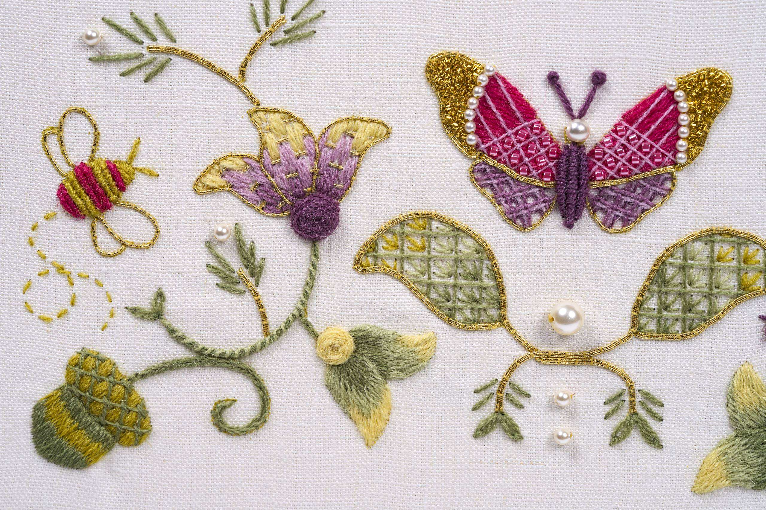 Contemporary Jacobean Cottage Garden embroidery designed and stitched by Chrissie Juno Mann using colourful crewel wool and gold threads