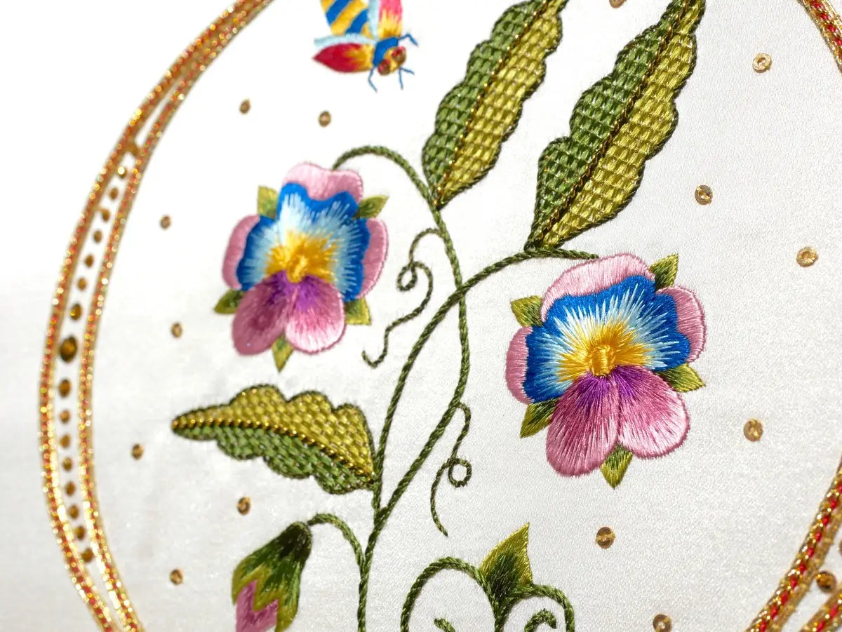 Silk Shading pansy embroidery designed and stitched by Kate Barlow, inspired by early 17th-century embroidery