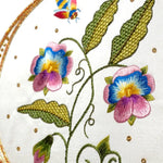 Silk Shading pansy embroidery designed and stitched by Kate Barlow, inspired by early 17th-century embroidery
