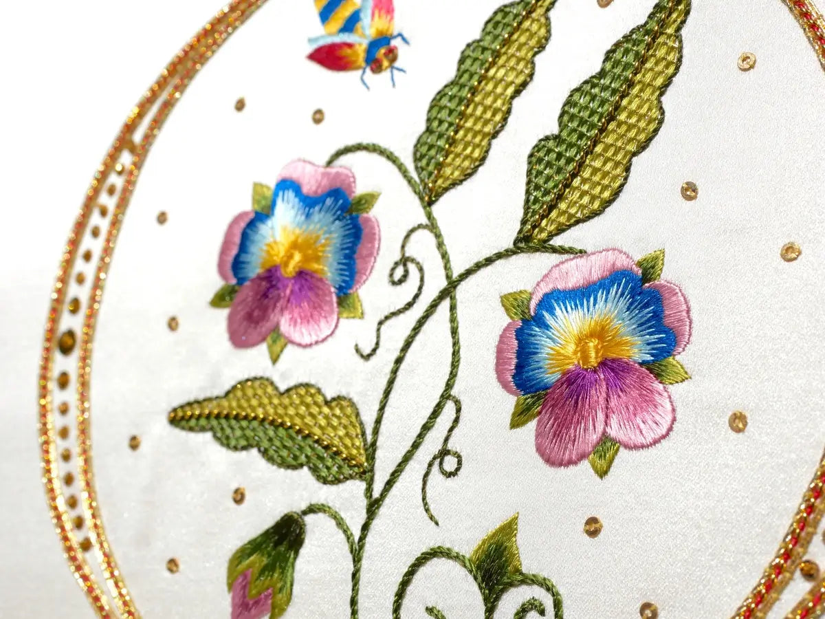 Silk Shading pansy embroidery designed and stitched by Kate Barlow, inspired by early 17th-century embroidery
