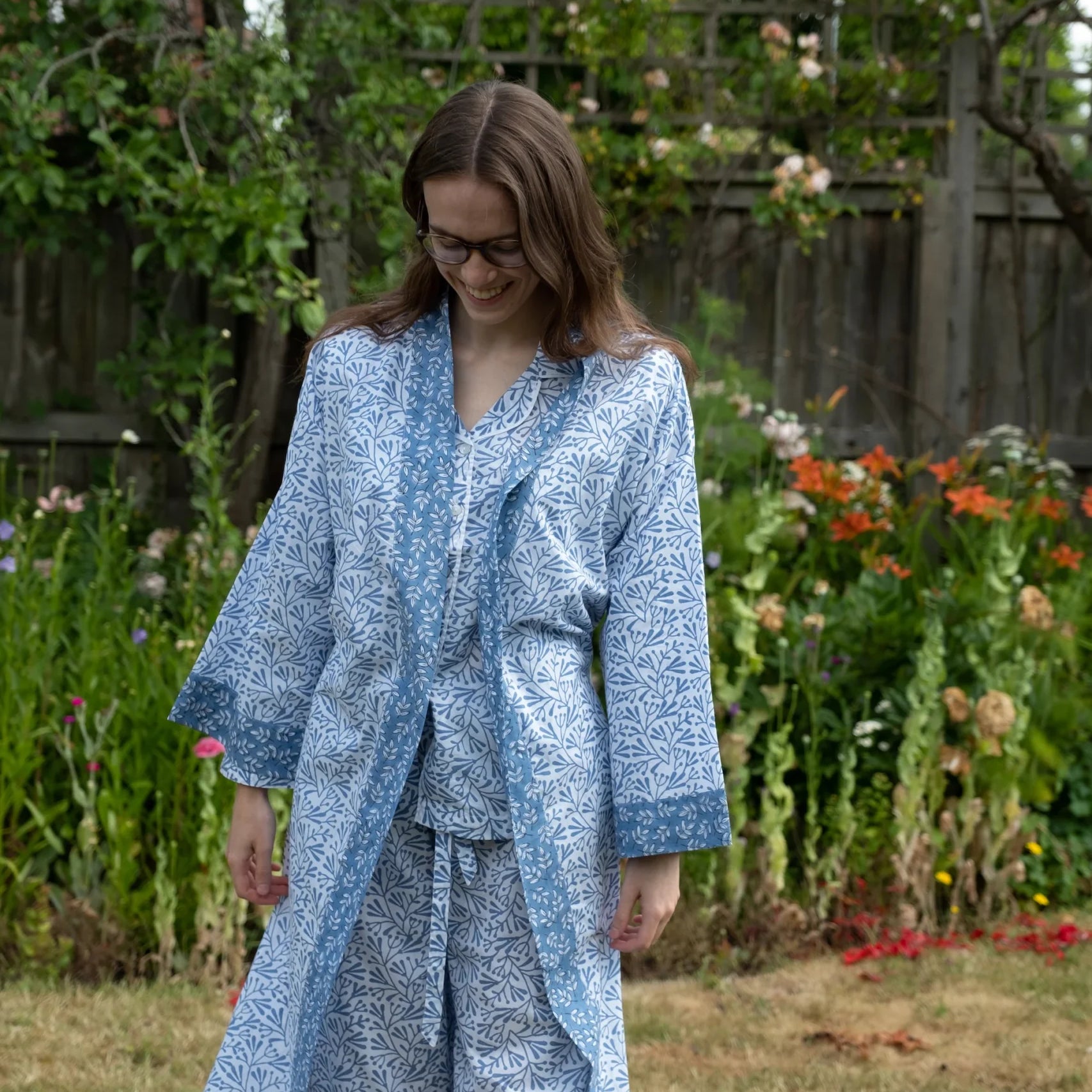 Full Length Cotton Kimono - Blue Bud