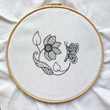 RSN Exclusive: 'Flutterby Flower' Blackwork Embroidery Kit by Chrissie Juno Mann