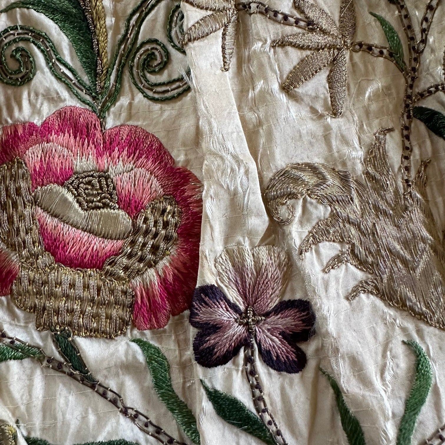 Gold and Silk Shaded Flower inspired by an 18th century embroidered dress at Mapperton House