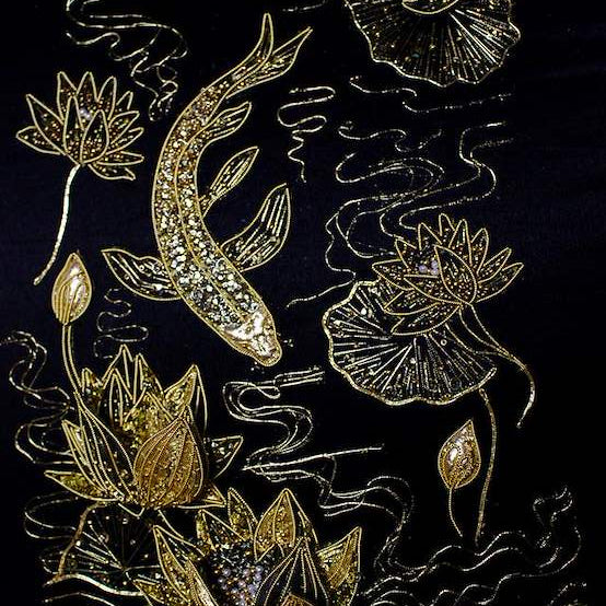 Koi Carp and Lotus Flower in Contemporary Goldwork and Hand Beading