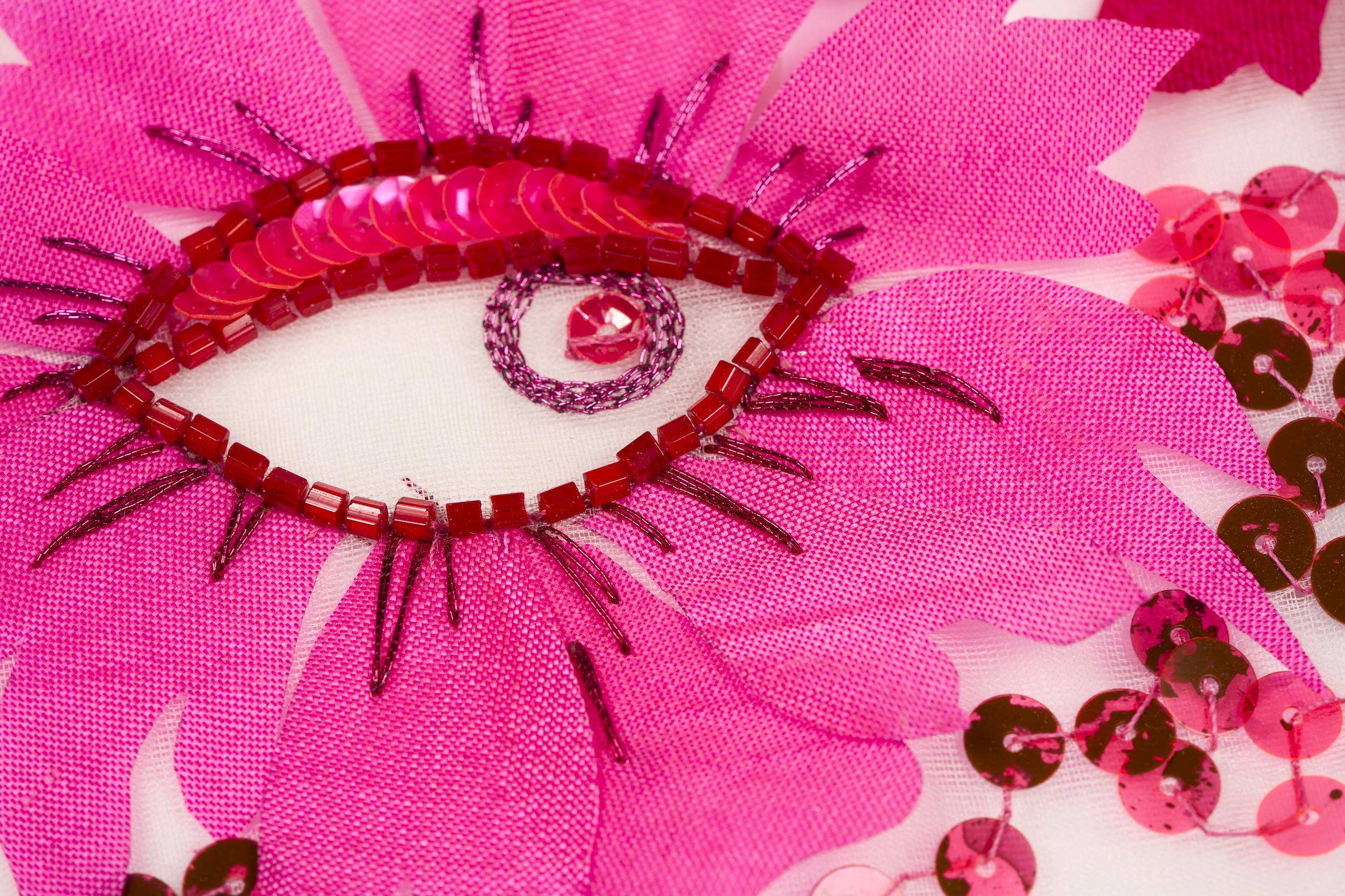Mixed Tambour Beading and hand embroidery design exploring fabric appliqué and a range of Couture Embroidery techniques, stitched and designed by Justine Bonenfant for a five-day course at the Royal School of Needlework.