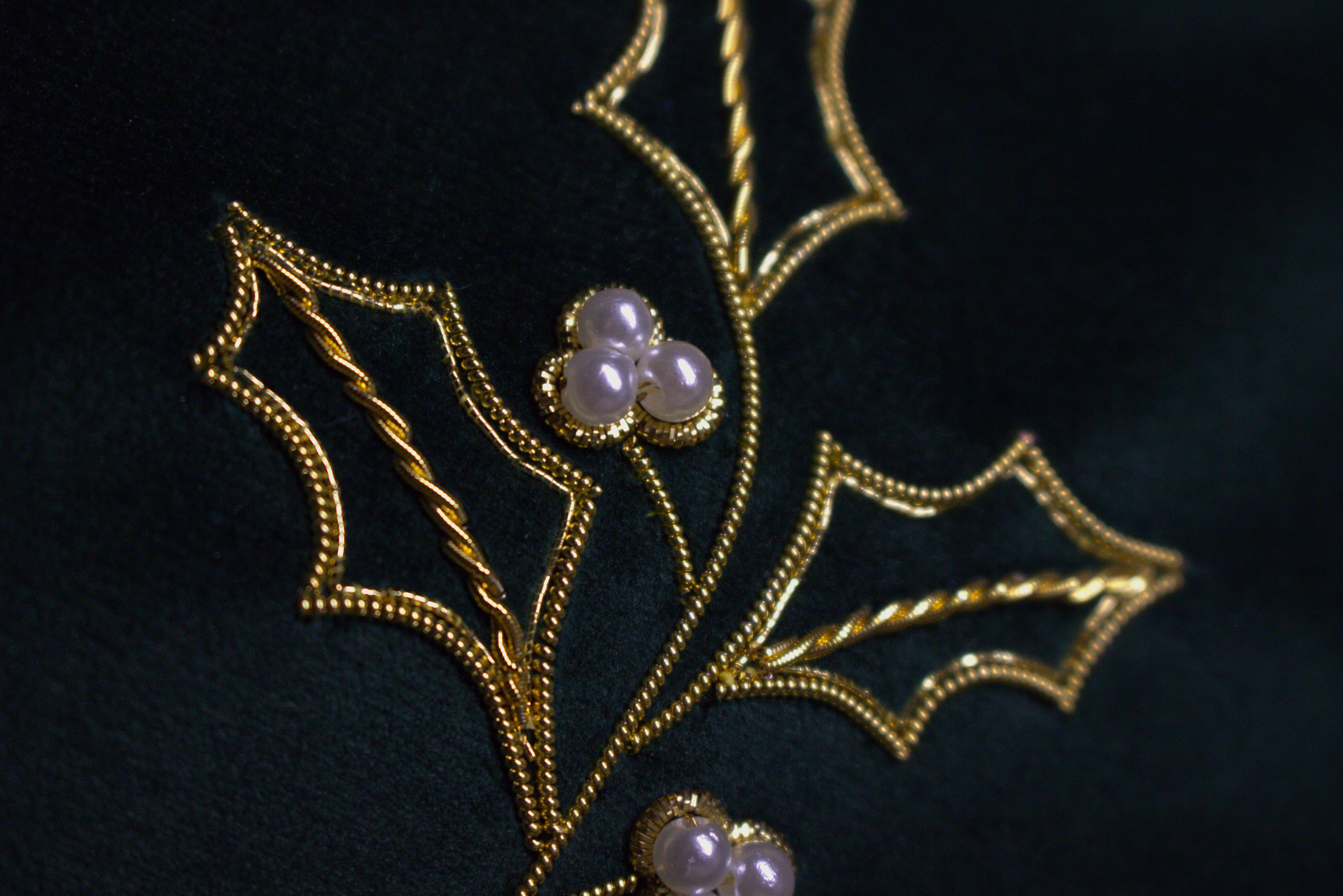 Holly & Berries in Goldwork Embroidery