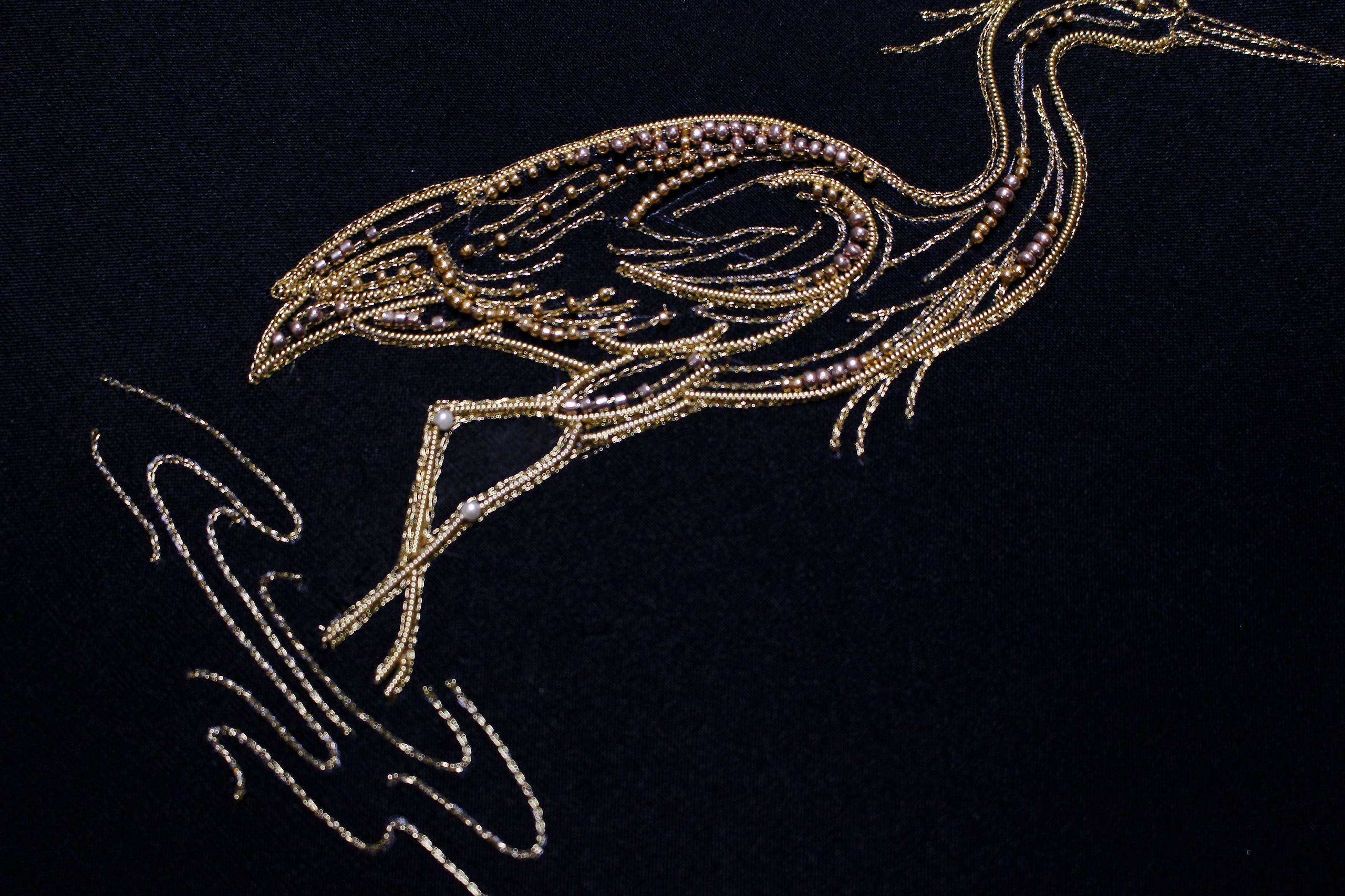 Stork in Tambour and Metal Threads