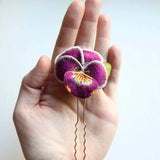 Hand embroidered Viola Hairpin with Silk Shading embroidery transitioning from yellow to purple, stitched by Pippa Haynes.